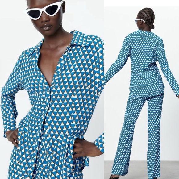 NWT Zara blue geometric satin set size XS shirt and pants flare 70a bloggers - Picture 14 of 14